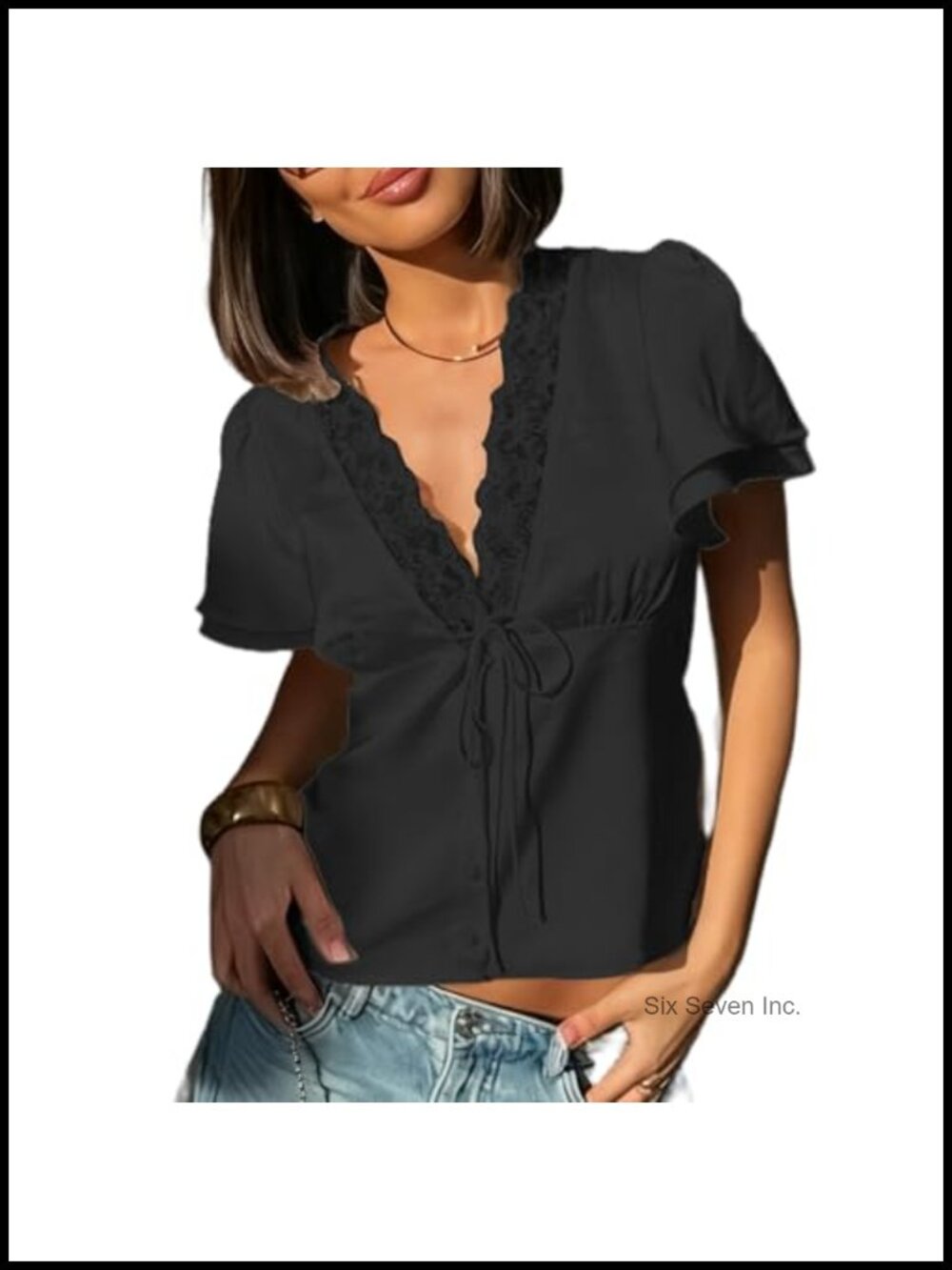 Satin Lace Trim V Neck Peplum Babydoll Short Sleeve Blouse
